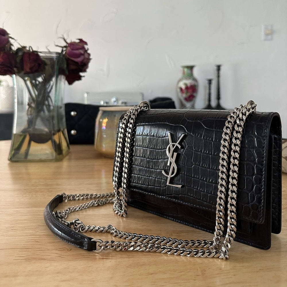 Yves Saint Laurent Black Croc-Embossed Clutch
